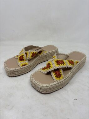 Woven Crochet Platform Slide Sandals - Beige with Yellow & Brown
